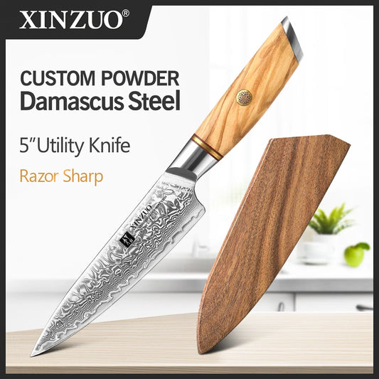 New XINZUO 5'' inch Utility Knife 73 Layers Damascus Stainless Steel Razor Sharp Blade VG10 Steel Fruit Knife Olive Wood Handle